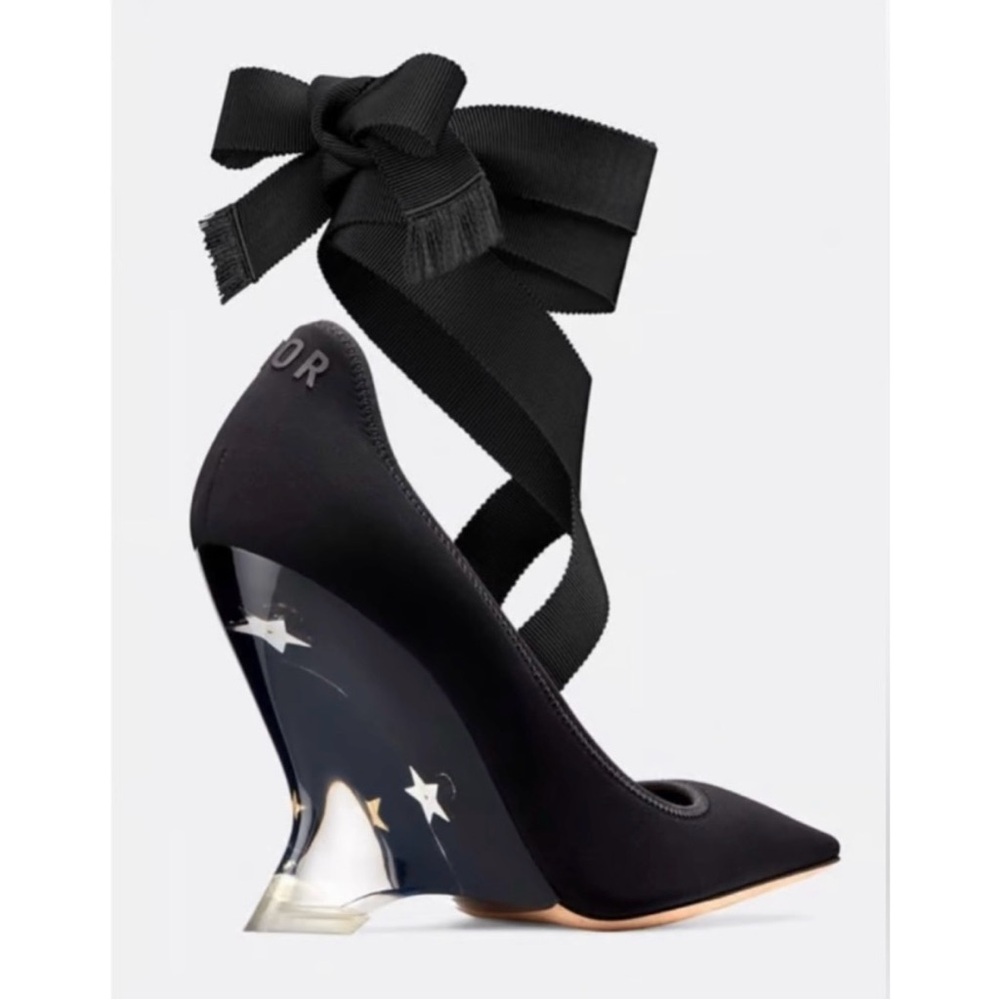 Christian Dior Etoile Neoprene Ankle Tie Pointed Toe Lucite Wedge Heel Pump 36.5